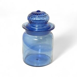 Vintage‎ Takahashi Cobalt Blue Glass Apothecary Jar 5" Canister Daisy Lid Swirl